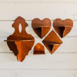 Vintage Handmade Wood Curio Shelf Set: Mid Century Miniature Display